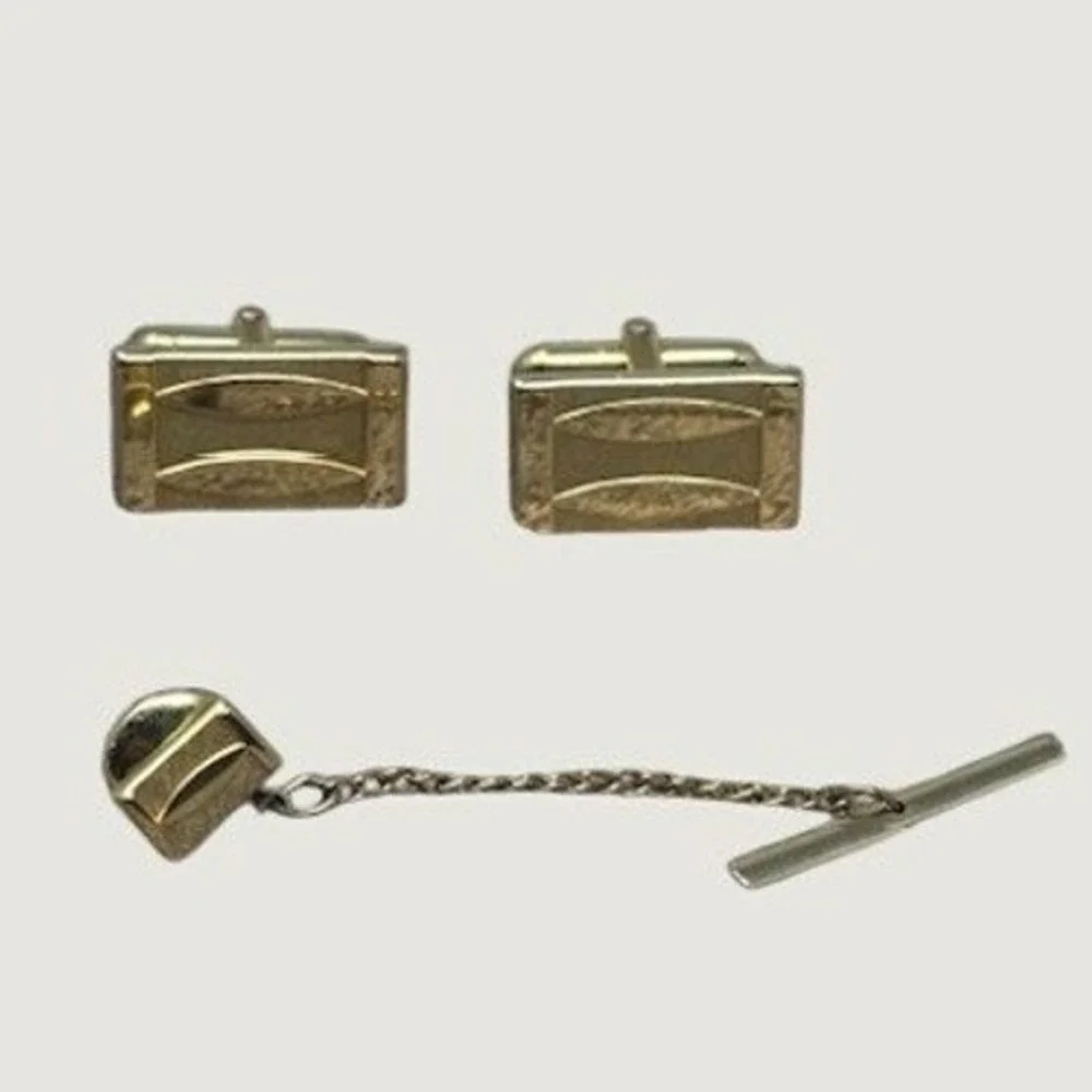 Vintage Swank Cufflink Tie Tac Set Gold Tone MCM Geometric Textured Excellent